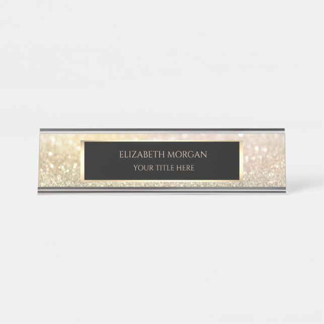Elegant Gold Bokeh Frame Desk Name Plate (Front)