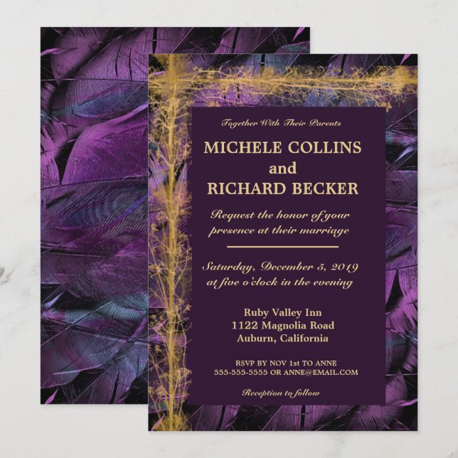 Elegant Gold Border and Feathers Invitation (Front/Back)