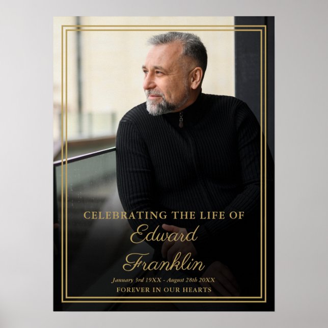 Elegant Gold Border Celebration Of Life Photo Sign (Front)