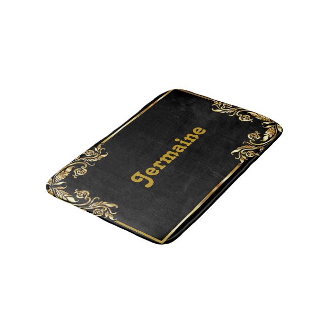 Elegant gold border damask on black bath mat (Angled)