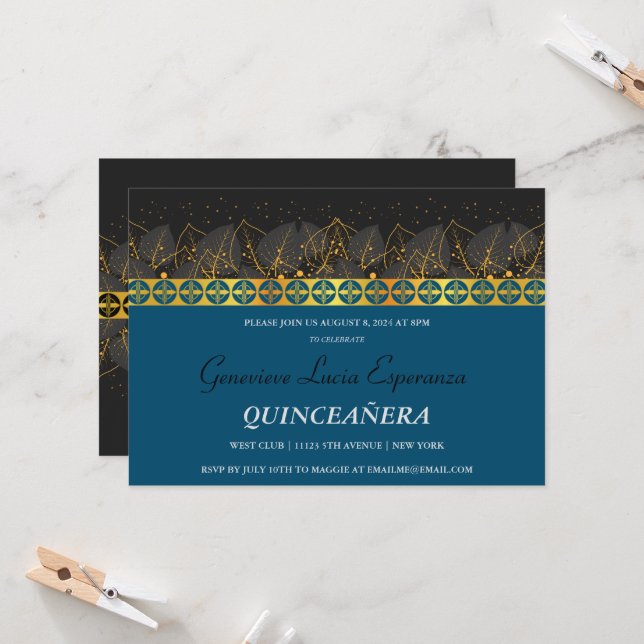 Elegant Gold Border Quinceañera Invitation (Front/Back In Situ)