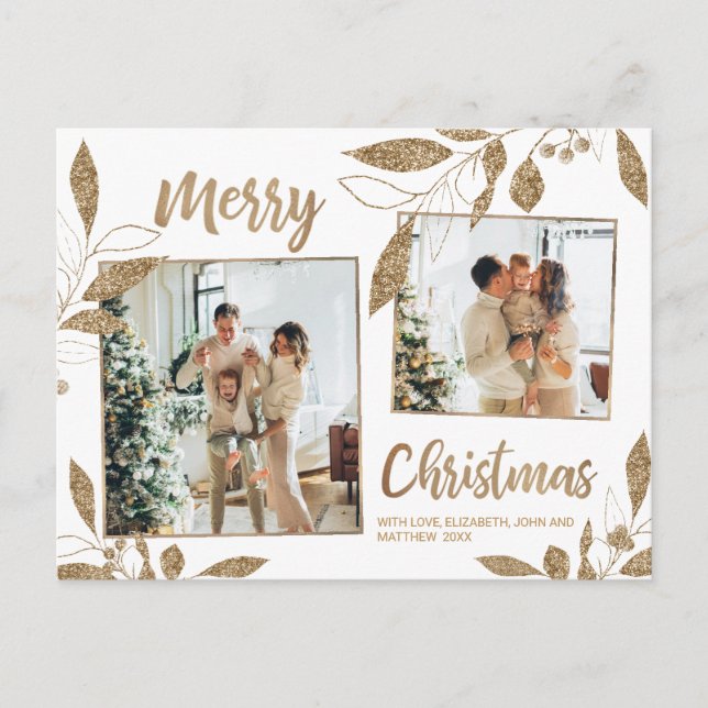 Elegant Gold Botanical 2 Photo Collage Christmas Postcard (Front)