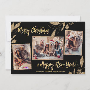 Elegant Gold Botanical 3 Photo Collage Christmas