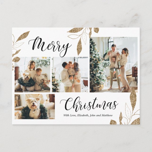 Elegant Gold Botanical 4 Photo Collage Christmas Postcard (Front)