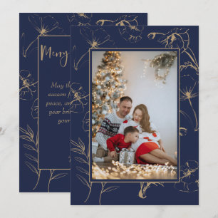 Elegant Gold Botanical Deep Navy Christmas Photo Holiday Card