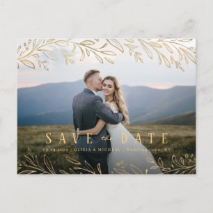 Elegant gold botanical foliage photo save the date postcard