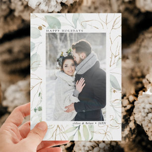Elegant Gold Botanical Greenery Photo Holiday Card