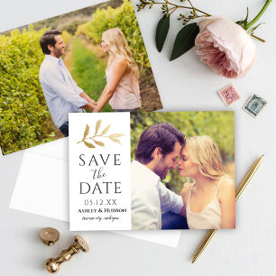 Elegant Gold Botanical Leaf Two Photo Wedding Save The Date