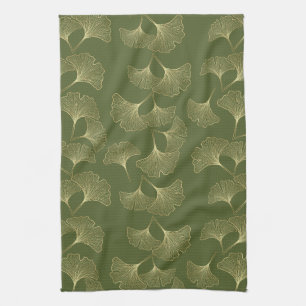 Elegant Gold Botanical Leaves Kitchen Towel