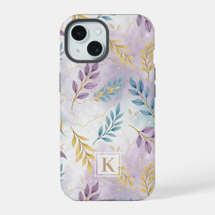 Elegant Gold Botanical Marble Mongram iPhone 15 Case