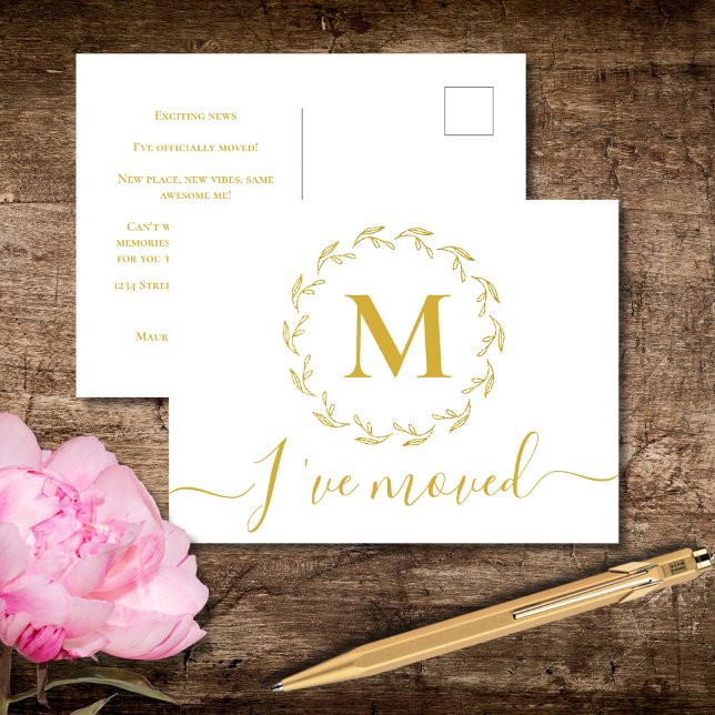 Elegant Gold Botanical Monogram I've Moved Postcard (Creator Uploaded)