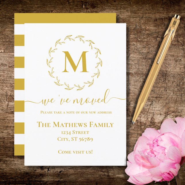 Elegant Gold Botanical Monogram We've Moved Announcement (Creator Uploaded)