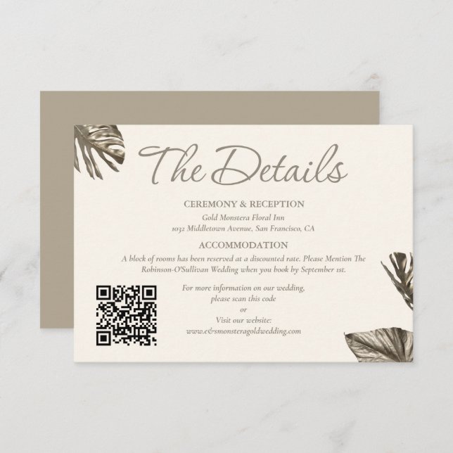 Elegant Gold Botanical QR code Wedding The Details Enclosure Card (Front/Back)