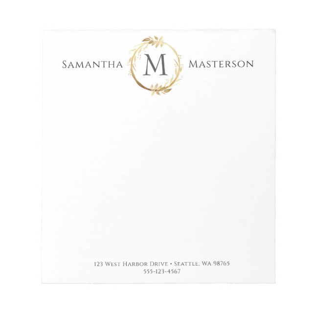Elegant Gold Botanical Wreath Monogram Initial Notepad (Front)