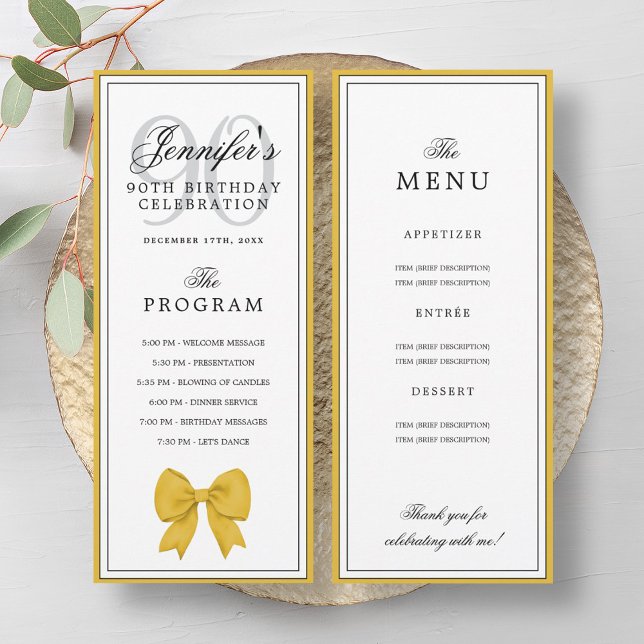 Elegant Gold Bow 90th Birthday Program + Menu  (Elegant Gold Bow 90th Birthday Program + Menu )