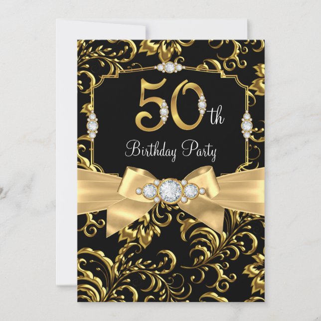 Elegant Gold Bow black Diamond 50th Birthday party Invitation (Front)