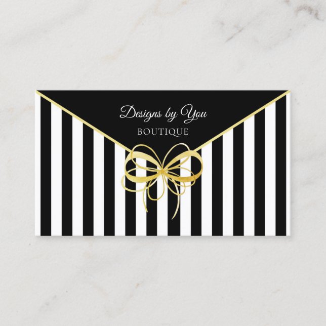 Elegant Gold Bow Boutique Black and White Stripes Business Card (Front)