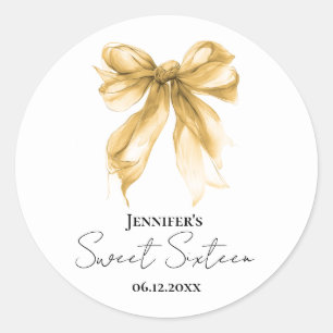 Elegant Gold Bow Coquette Script Sweet 16 Party  Classic Round Sticker