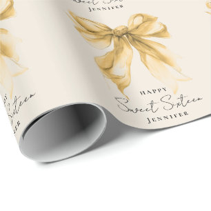 Elegant Gold Bow Coquette Script Sweet 16 Party Wrapping Paper