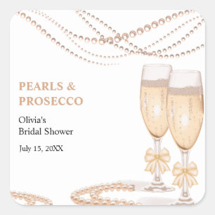 Elegant Gold Bow Pearls and Prosecco Bridal Shower Square Sticker