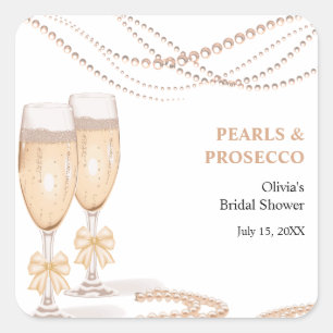 Elegant Gold Bow Pearls and Prosecco Bridal Shower Square Sticker