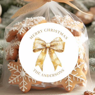 Elegant Gold Bow Personalized Christmas Classic Round Sticker