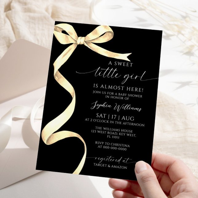 Elegant Gold Bow Sweet Little Girl Baby Shower Invitation (Creator Uploaded)