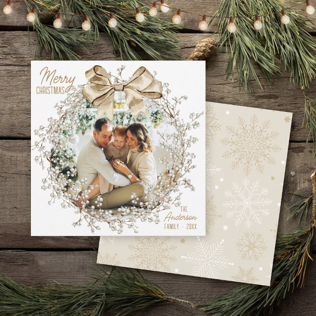 Elegant Gold Bow Watercolor Wreath Photo Christmas Holiday Card (Unique Merry Christmas watercolor gold bow beige botanical wreath best photo holiday card snowflake)