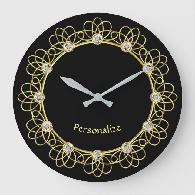 Elegant Gold Braid Border & Diamonds Personalize Large Clock (Front)