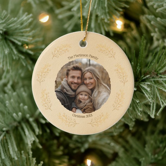 Elegant Gold Branches Family Photo Christmas Beige Ceramic Ornament (Tree)