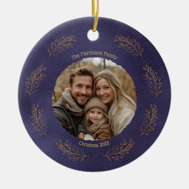Elegant Gold Branches Family Photo Christmas Blue Ceramic Ornament (Front)