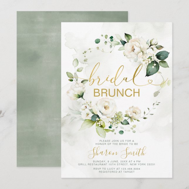 Elegant Gold Bridal Brunch Shower White Floral Invitation (Front/Back)