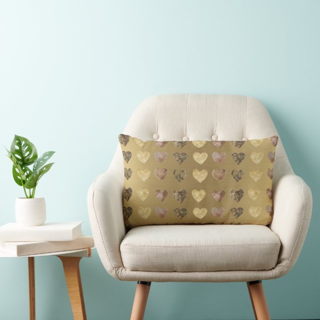 Elegant Gold Brown Beige Hearts Pattern  Lumbar Pillow (Chair)