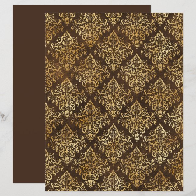 Elegant Gold Brown Damask Pattern Scrapbook Paper (Front/Back)