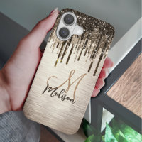 Elegant gold brown drips glitter monogram Case-Mat