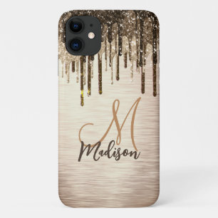 Elegant gold brown drips glitter monogram iPhone 11 case