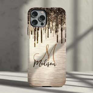 Elegant gold brown drips glitter monogram iPhone 11 case