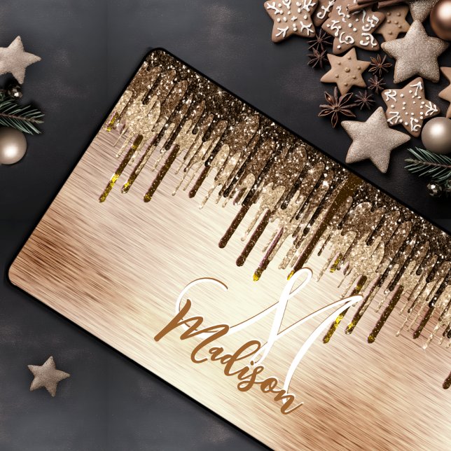 Elegant gold brown drips glitter monogram desk mat (Creator Uploaded)
