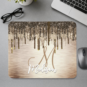 Elegant gold brown drips glitter monogram mouse pad