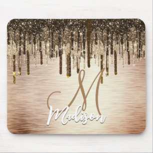 Elegant gold brown drips glitter monogram mouse pad