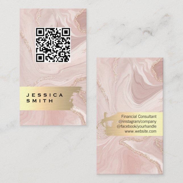 Elegant Gold Brushed | QR Scan | Pink Marble Business Card (Front/Back)