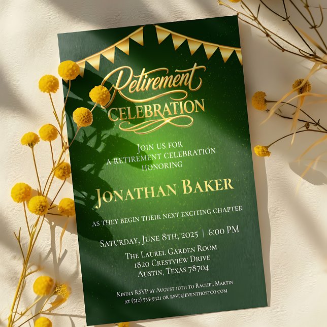 Elegant Gold Bunting Green Retirement Celebration  Invitation (Elegant Gold Bunting Green Retirement Celebration Invitation)