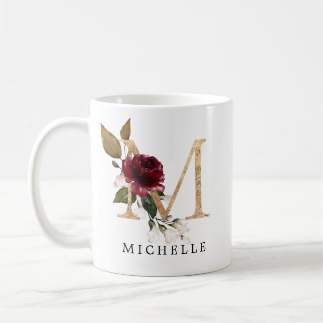 Elegant Gold Burgundy and Blush Flowers Letter M Coffee Mug (Left)