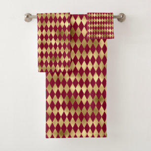 Elegant Gold Burgundy Diamond Pattern Bath Towel Set
