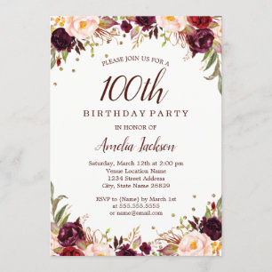 Elegant Gold Burgundy Floral 100th Birthday Party Invitation