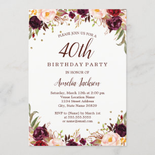 Elegant Gold Burgundy Floral 40th Birthday Party Invitation