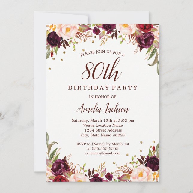 Elegant Gold Burgundy Floral 80th Birthday Party Invitation (Front)