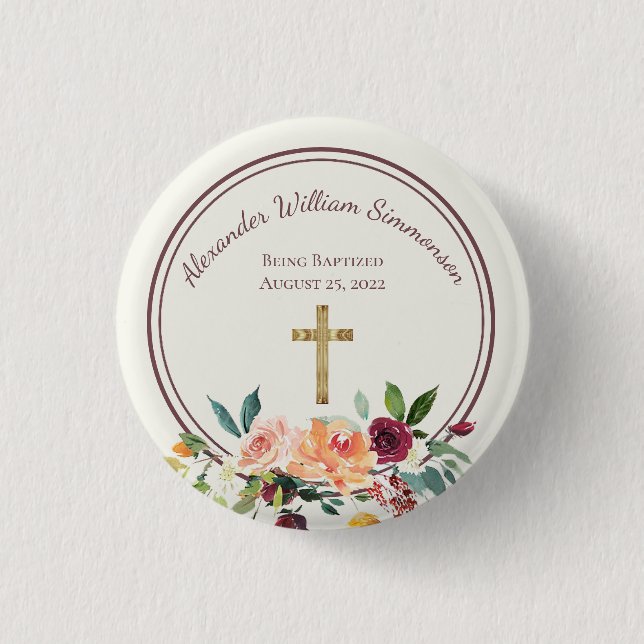 Elegant Gold Burgundy Floral Baby Christening 1 Inch Round Button (Front)