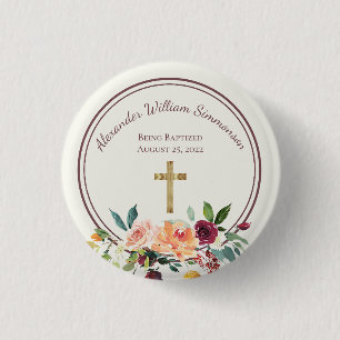 Elegant Gold Burgundy Floral Baby Christening 1 Inch Round Button