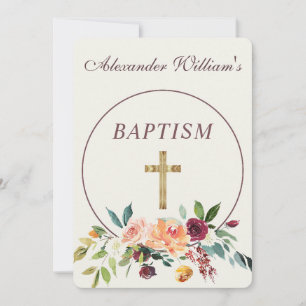 Elegant Gold Burgundy Floral Baby Christening Invitation